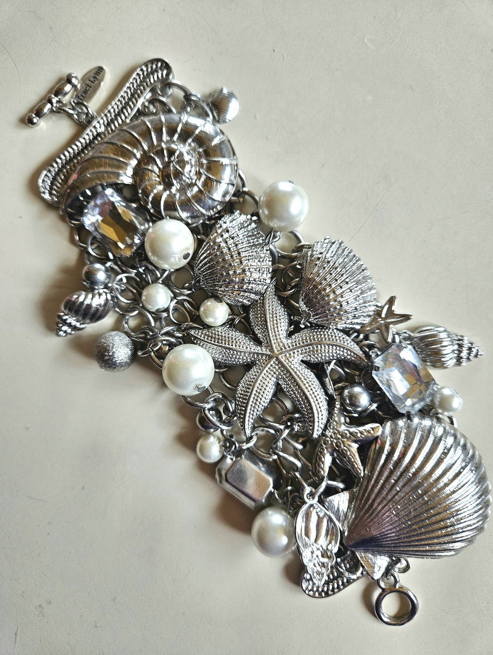 Traci Lynn Silver Tone Sea Life Charm Bracelet with Pearls Heavy With Charms!